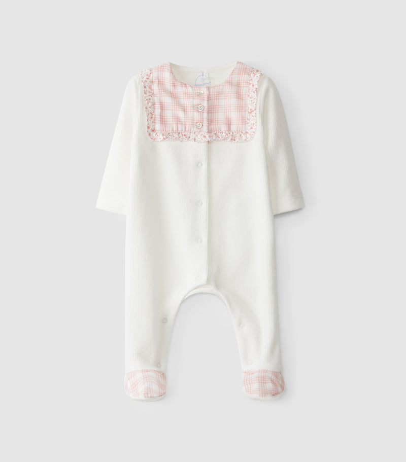 Babygrow veludo c/ detalhes vichy e flores